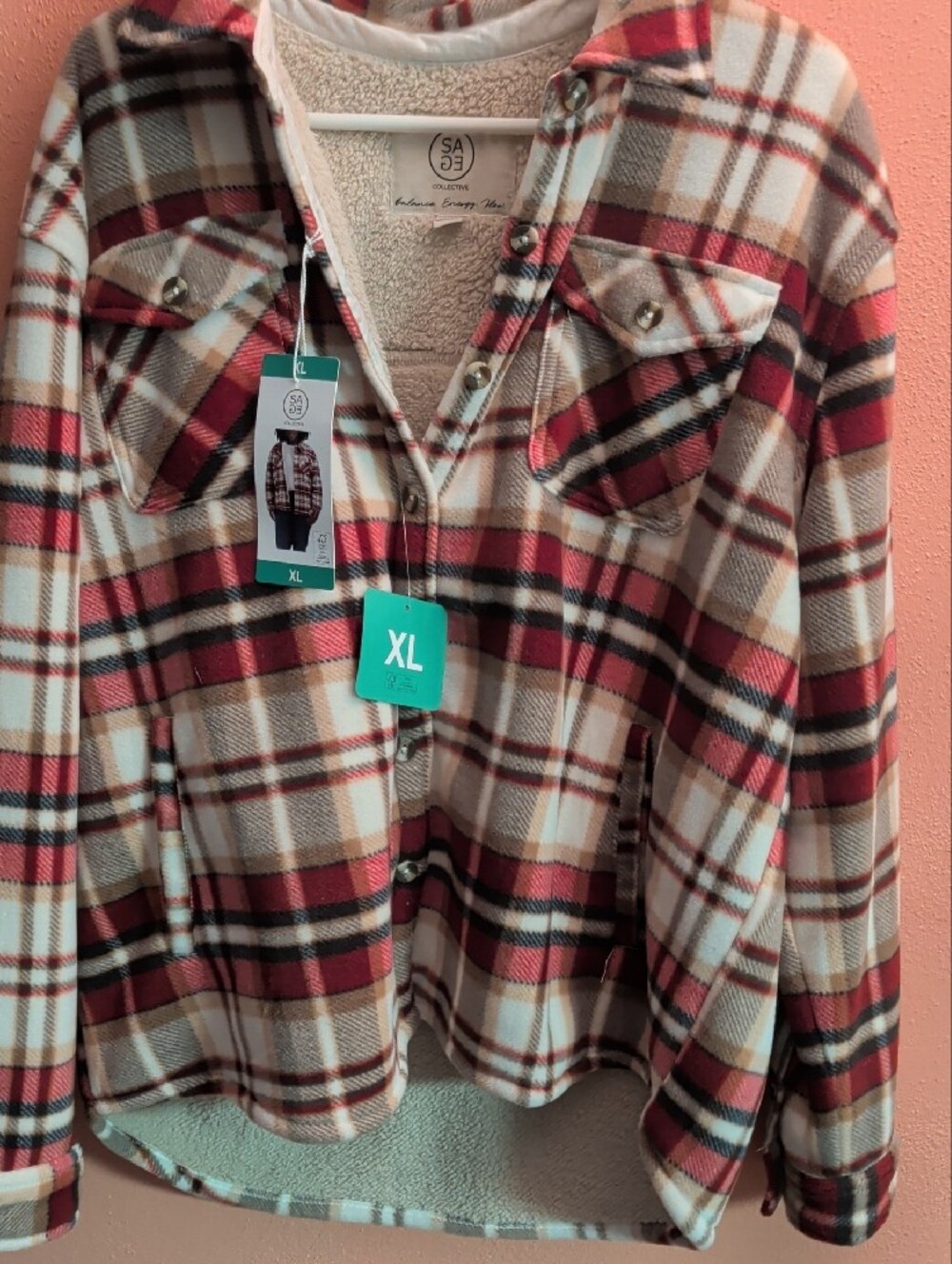 Plaid Hooded Jean Jacket in Cream, Red & Brown - Picture 6 of 7